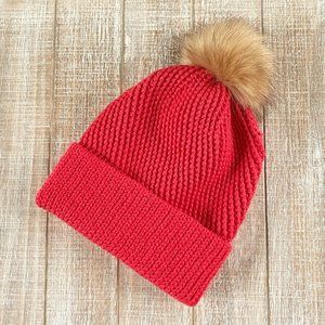 Merino Wool Faux Fur Pompom Foldover Beanie Hat